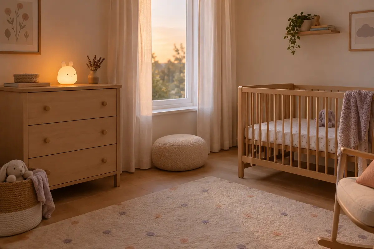 Veilleuse posée sur une commode stable, à distance du lit dans une chambre de bébé