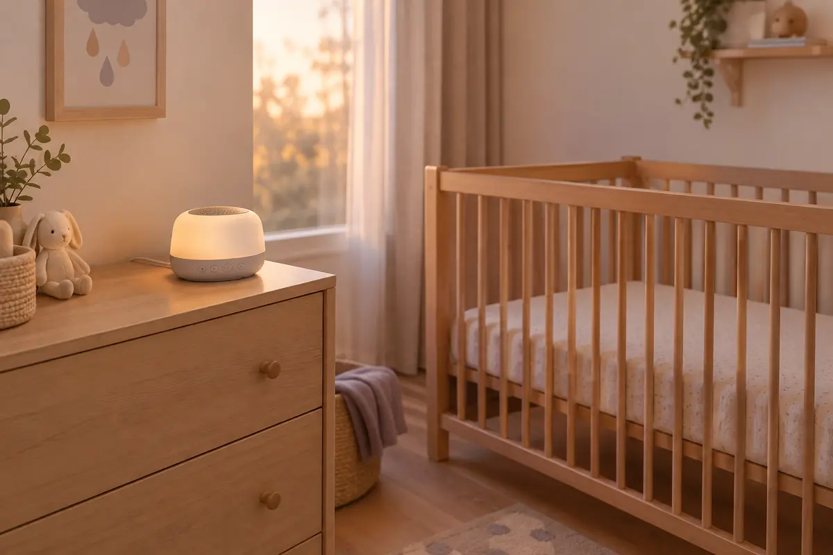 Veilleuse sonore posée sur une commode stable, à distance d’un lit bébé dégagé