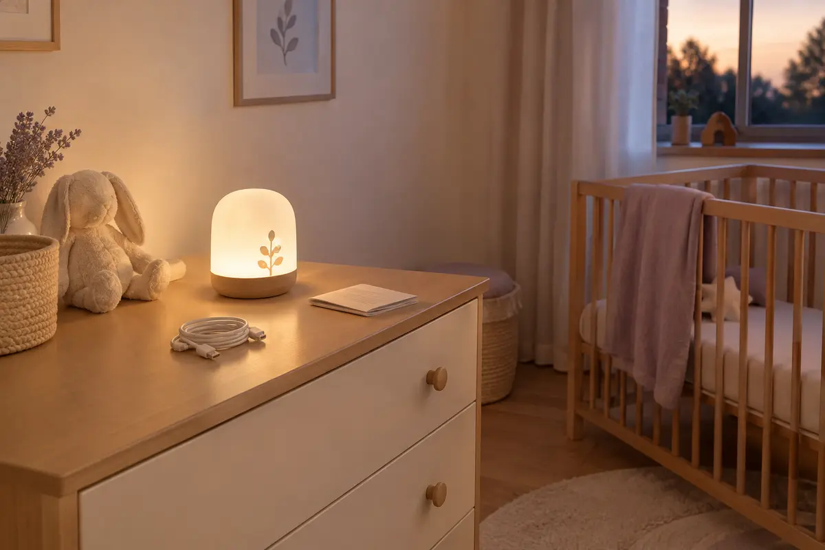 Veilleuse douce posée dans une chambre de bébé, avec un câble rangé et un espace dégagé.