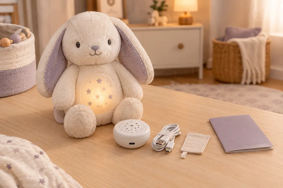 Peluche veilleuse posée près de son module amovible et d’un câble de recharge rangé