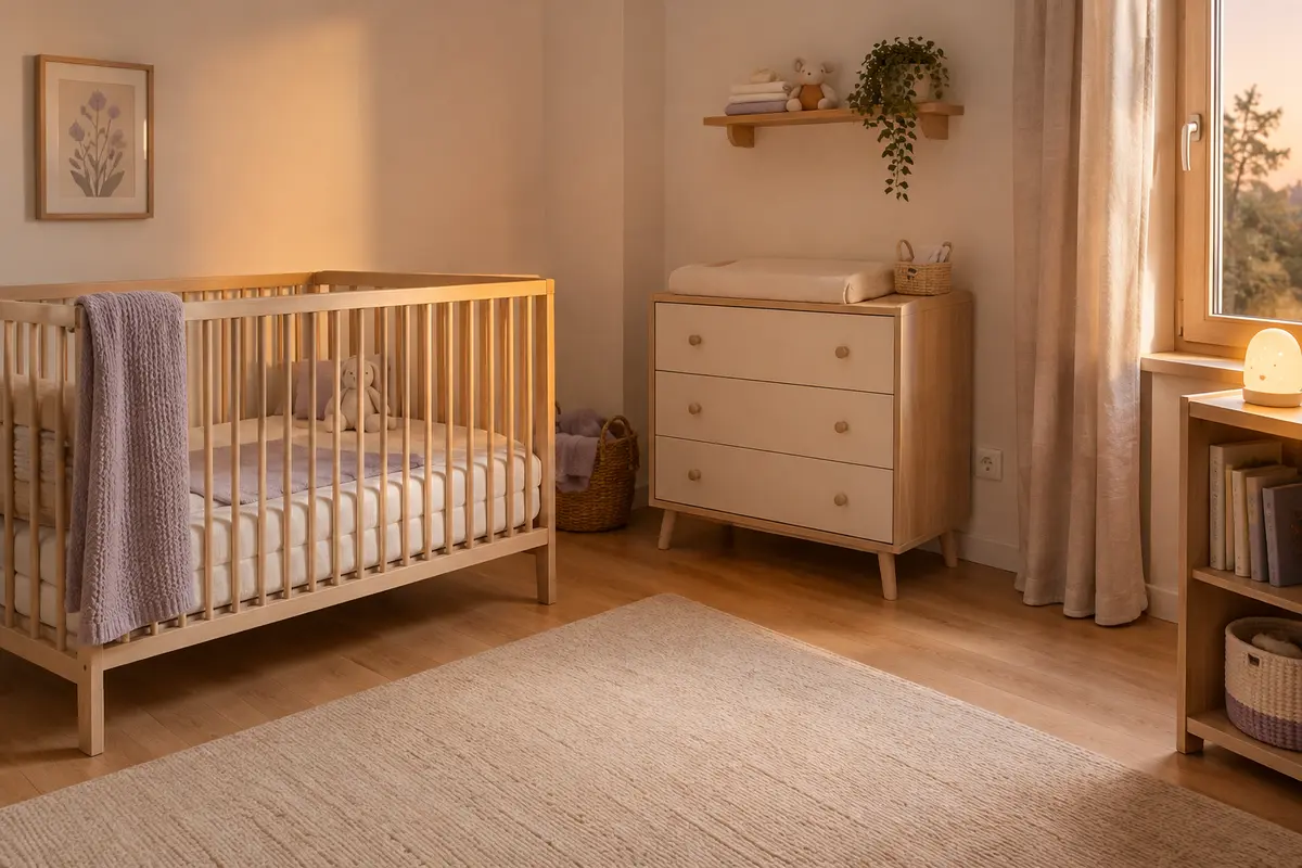 Petite chambre de bébé organisée avec une veilleuse posée sur une commode, à distance du lit.