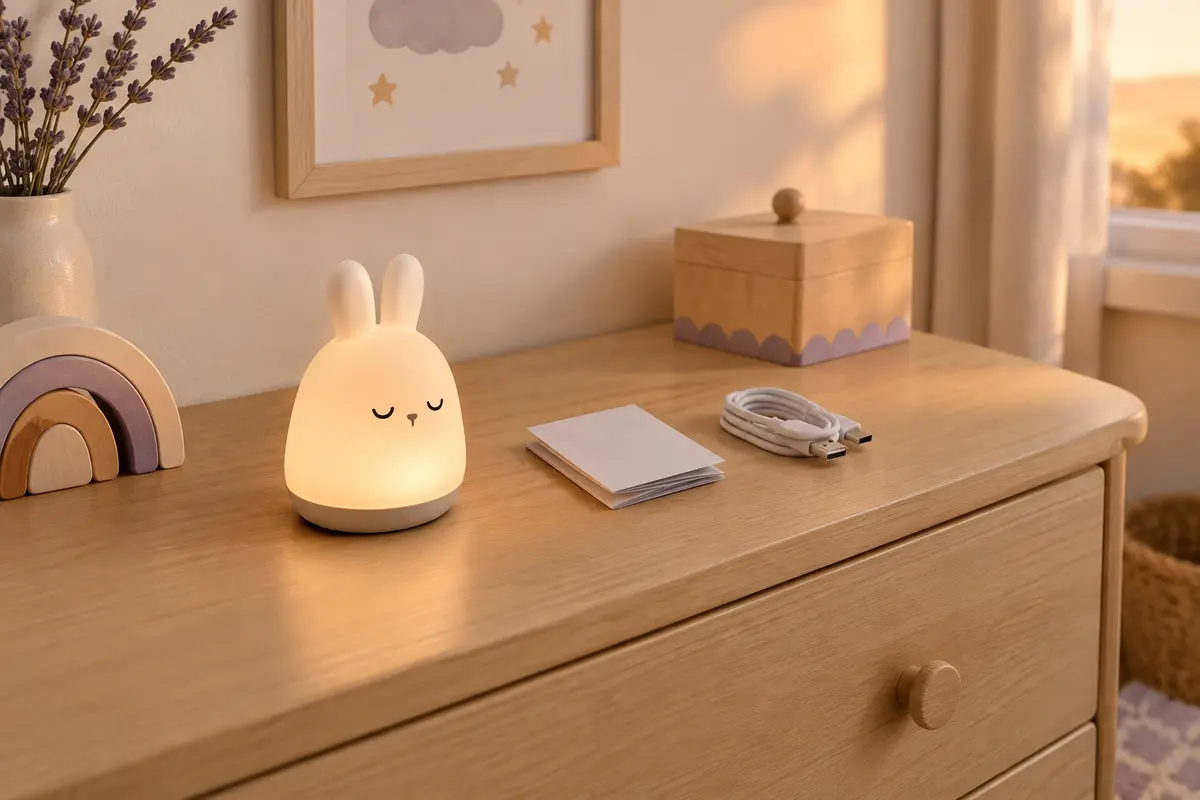 Veilleuse posée sur une commode stable, avec sa notice et son câble rangé à l’écart du lit.