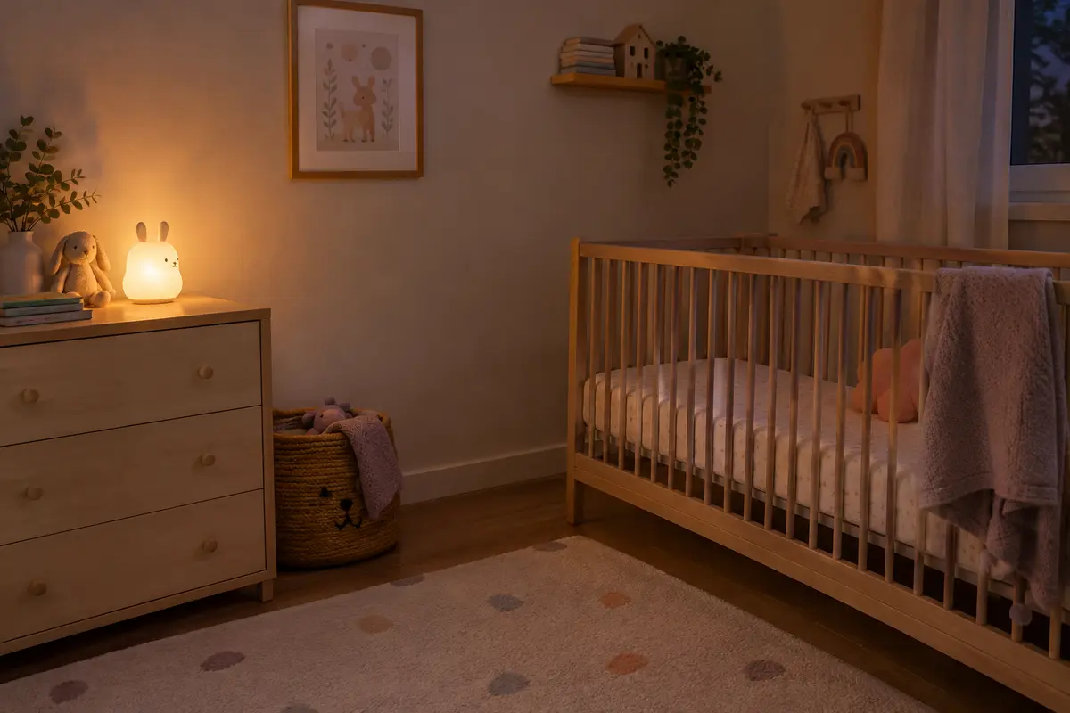 Veilleuse posée dans une chambre de bébé, diffusant une lumière douce sur un mur clair et quelques objets.
