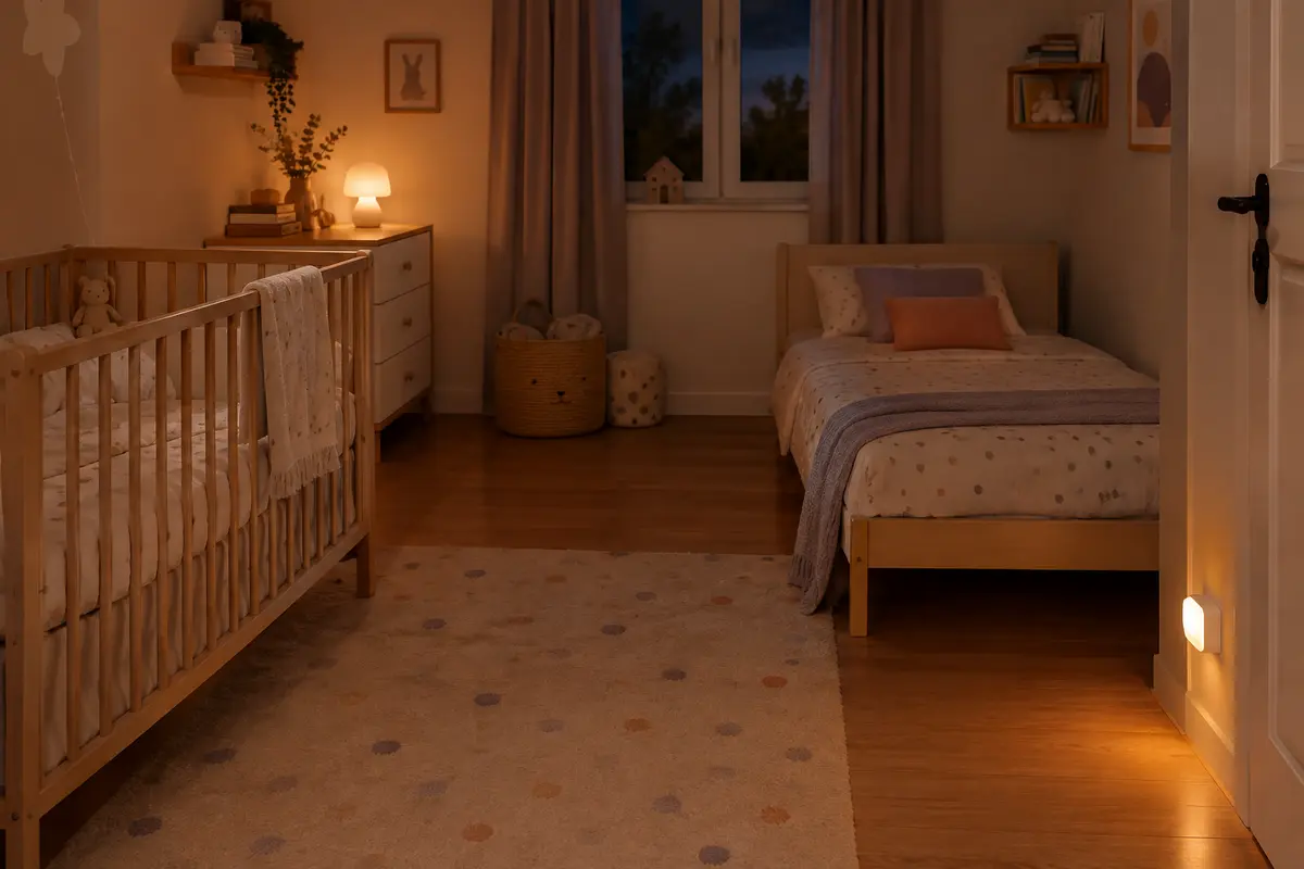 Chambre partagée avec deux lits et une veilleuse orientée vers le passage, loin des couchages.