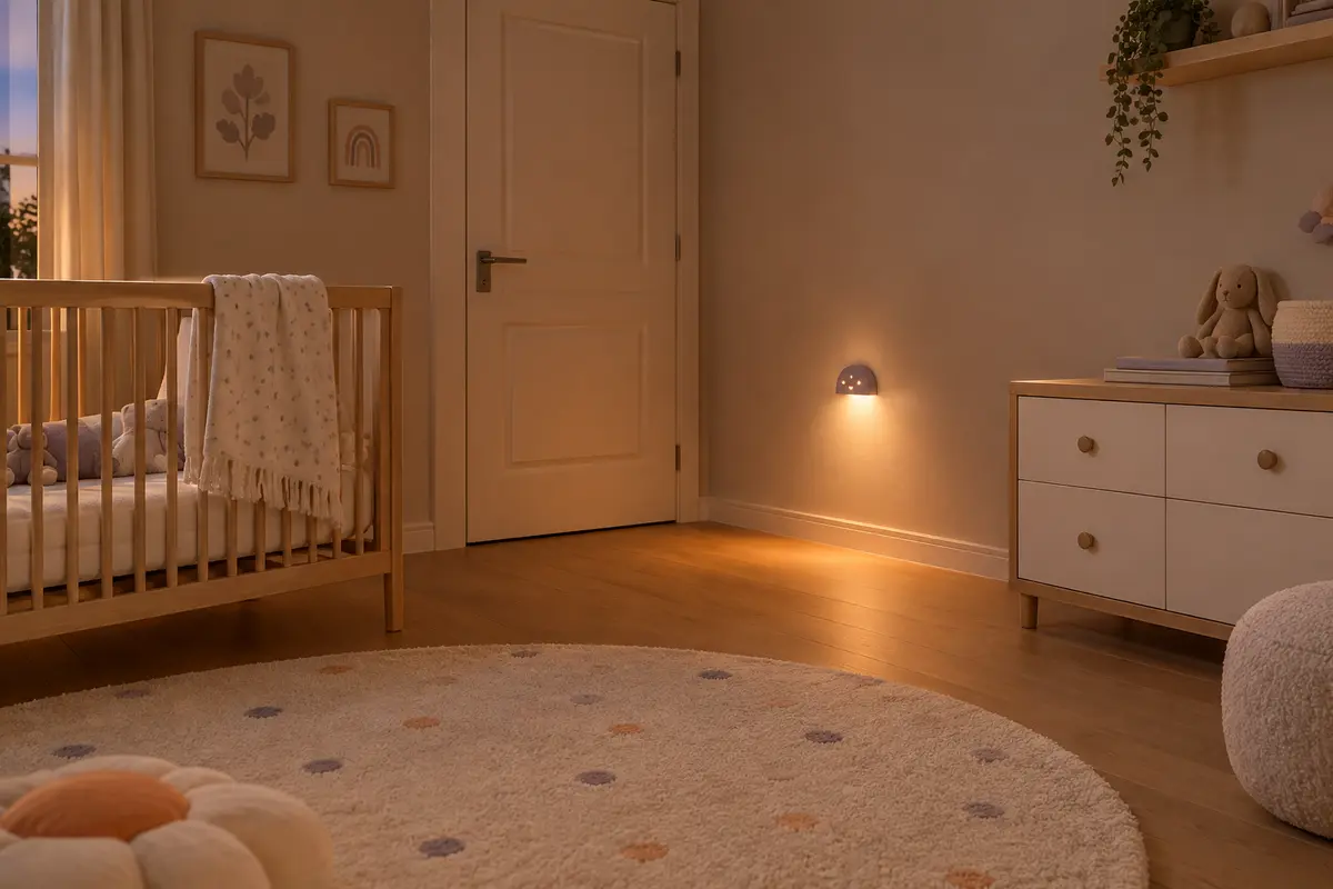Veilleuse murale discrète éclairant le sol, placée à distance du lit et du passage dans une chambre de bébé.
