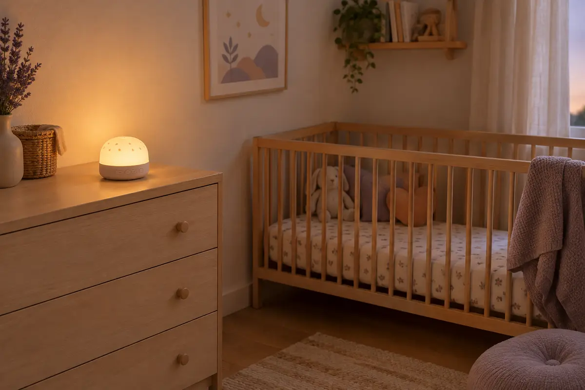 Veilleuse musicale posée sur une commode dans une chambre de bébé sobre, loin du lit et des objets de sommeil.