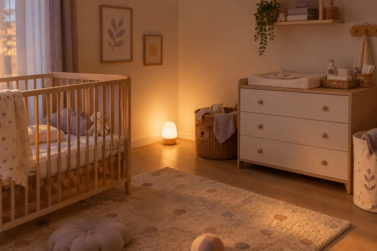 Veilleuse orientée vers un mur dans une chambre de bébé, près d’un coin de change organisé