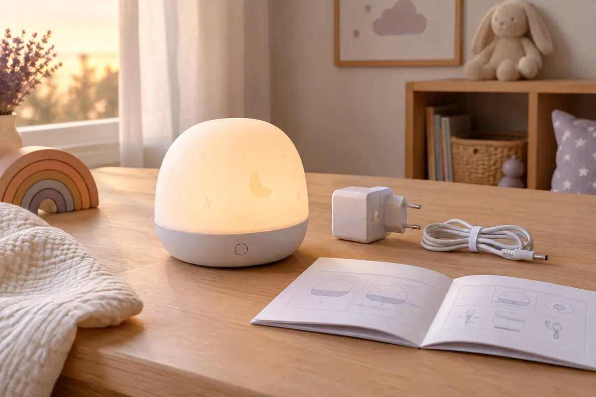 Veilleuse pour bébé, notice ouverte et adaptateur réunis pour vérifier les consignes avant utilisation.