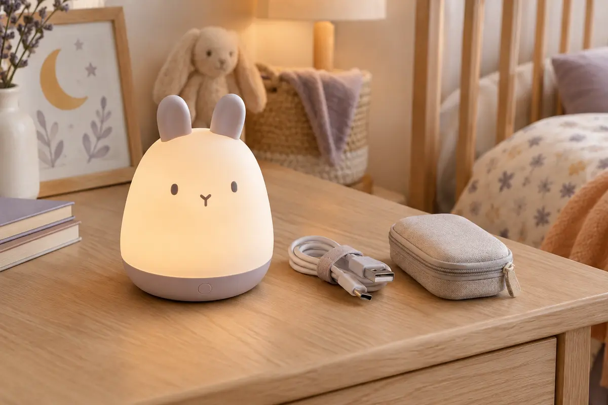 Veilleuse nomade sur une table avec câble de recharge et étui de piles de rechange pour un voyage