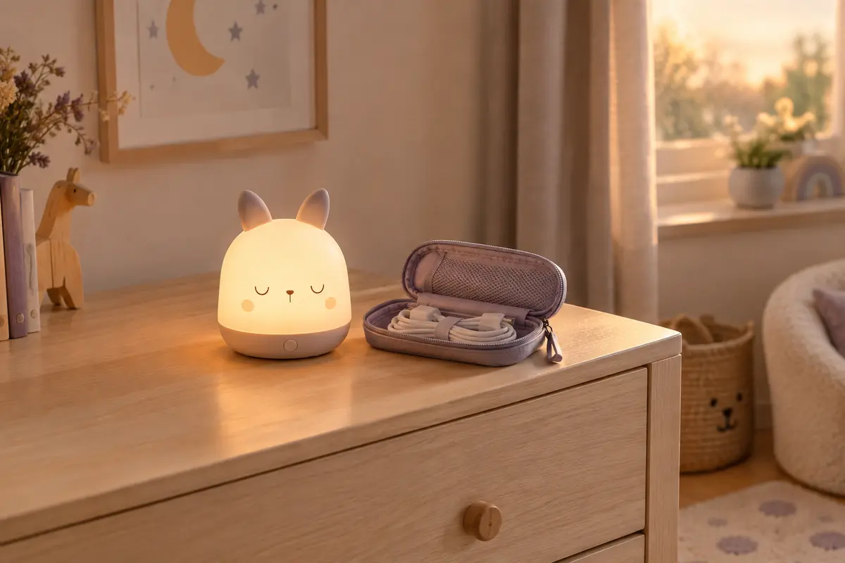 Veilleuse rechargeable posée sur une commode avec son câble rangé dans une pochette avant un voyage