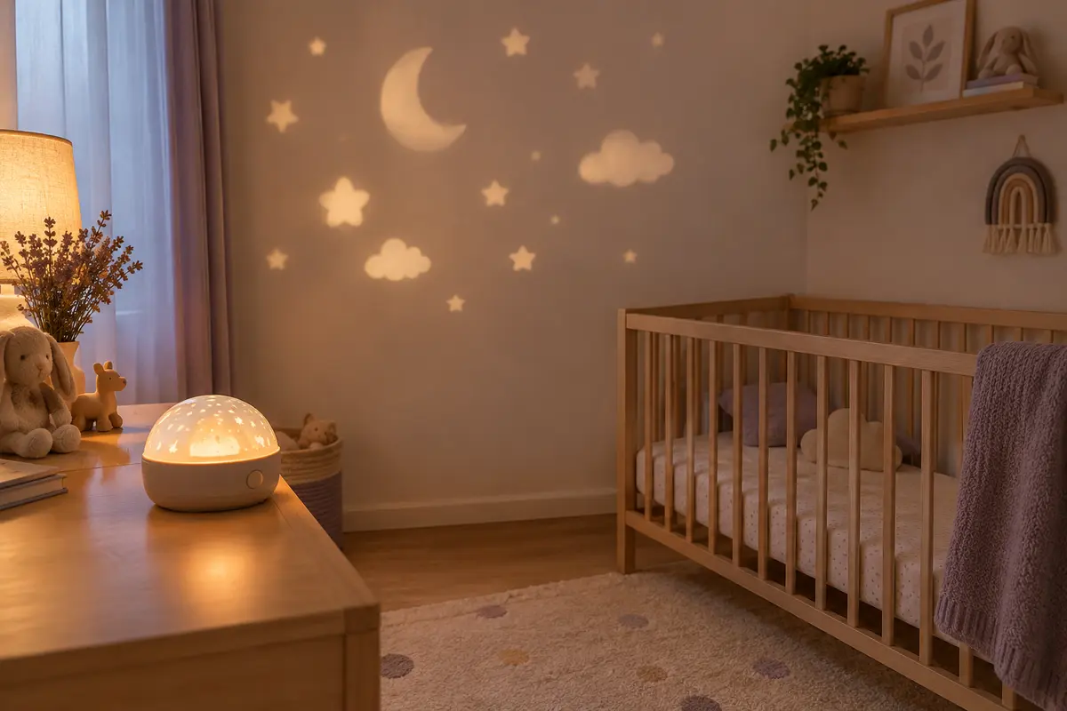 Projecteur d’images posé sur un meuble stable, avec des motifs lumineux nets sur un mur clair.