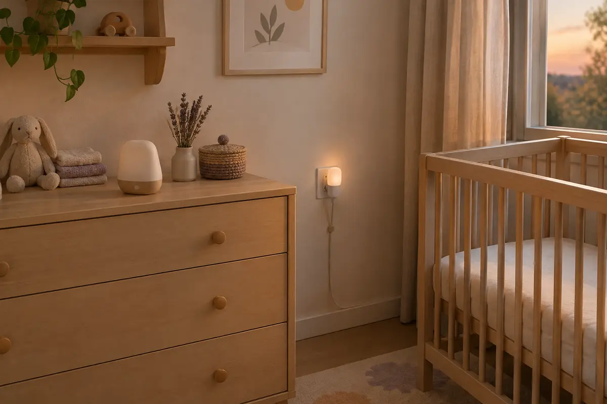 Deux veilleuses dans une chambre de bébé, l’une branchée près d’une prise et l’autre rechargeable