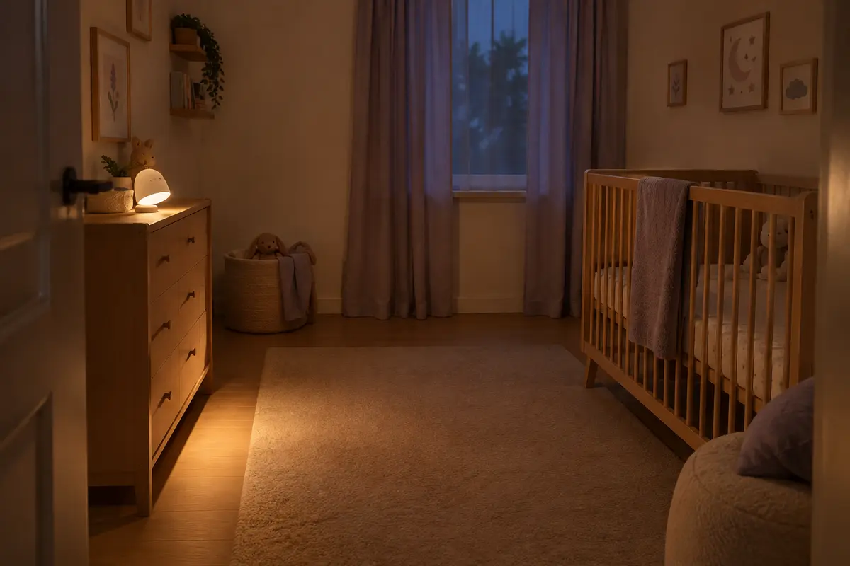 Veilleuse orientée vers le sol près d’un mur, sans lumière directe sur le lit de bébé