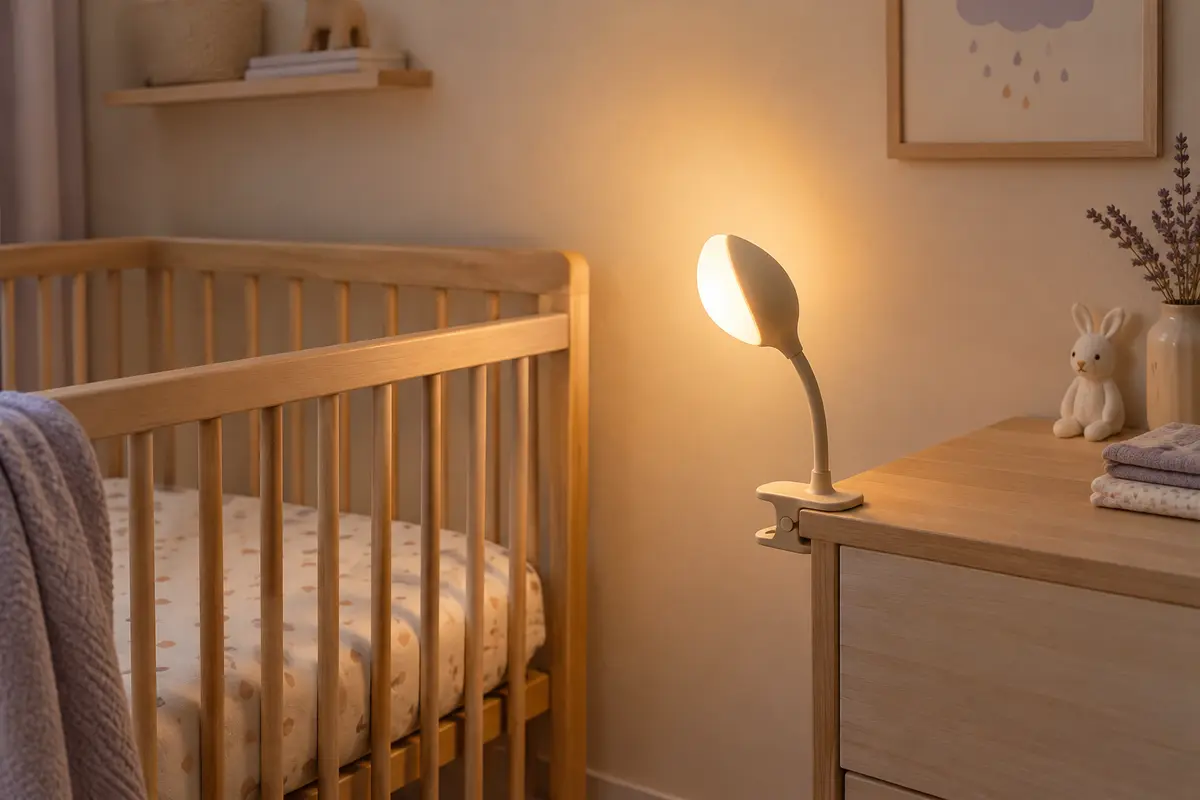 Veilleuse nomade à pince fixée sur une table stable, à distance du lit de bébé