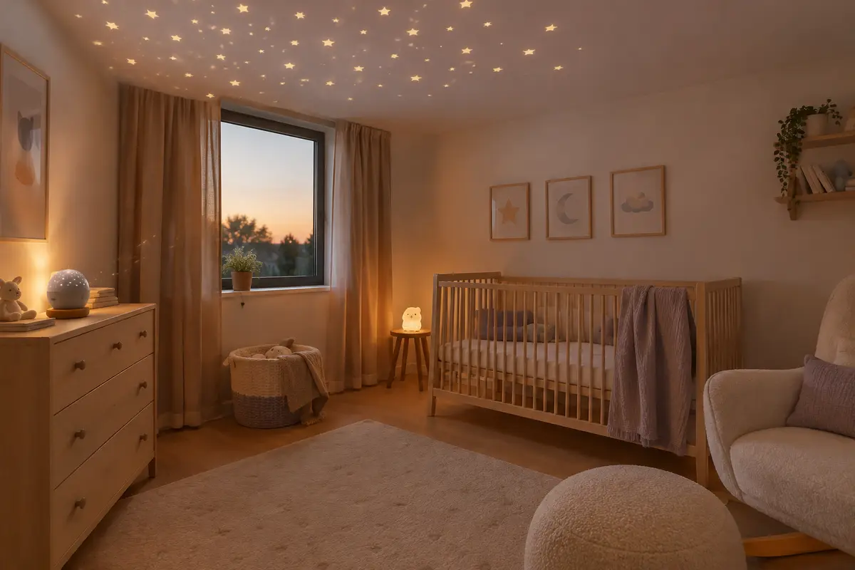 Projecteur posé sur une commode stable diffusant des étoiles sur une partie du plafond d’une petite chambre de bébé.