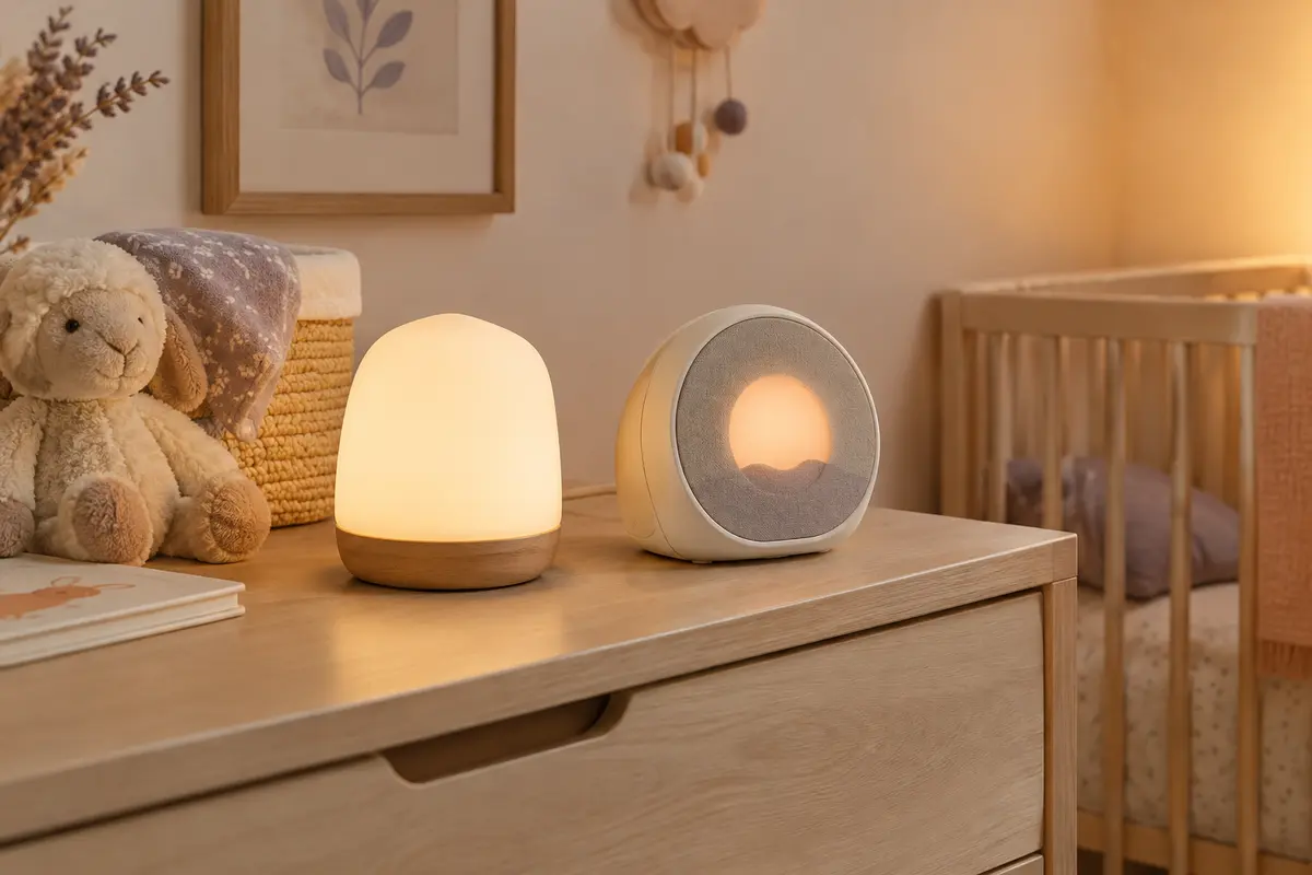 Veilleuse simple et réveil éducatif posés côte à côte sur une commode dans une chambre de bébé