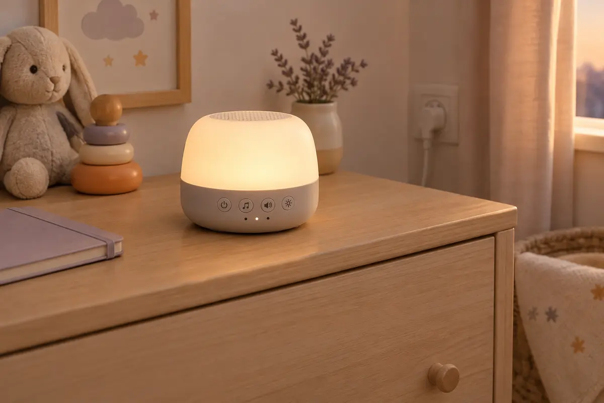 Veilleuse sonore posée sur une commode, avec ses commandes visibles dans une chambre de bébé