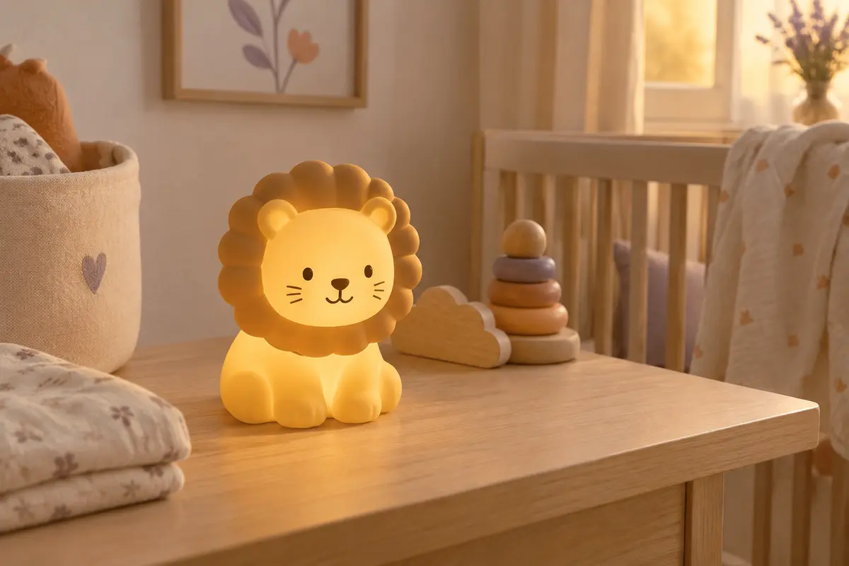 Veilleuse rechargeable jaune en forme de lion, posée sur un meuble en bois clair dans une chambre de bébé.