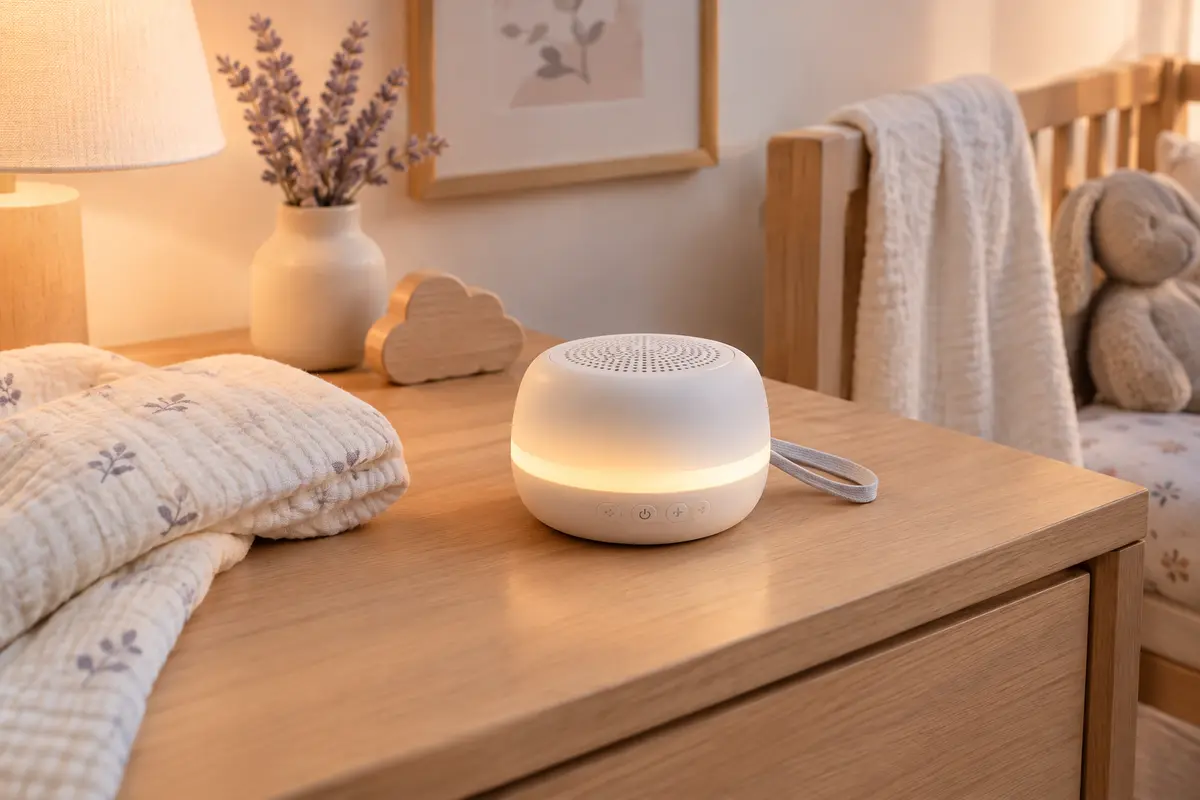 Machine à bruit blanc blanche avec veilleuse, posée sur une table en bois clair dans une chambre de bébé