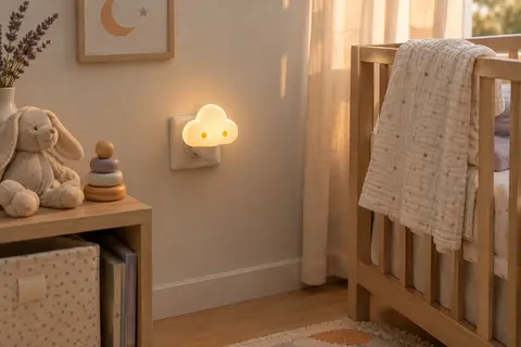 Veilleuse Annmore en forme de nuage blanc et jaune branchée dans une chambre de bébé épurée