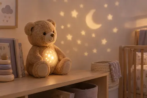 Peluche ours brun clair assise sur une étagère en bois clair, dont le ventre lumineux projette des étoiles et une lune sur le mur d’une chambre de bébé.