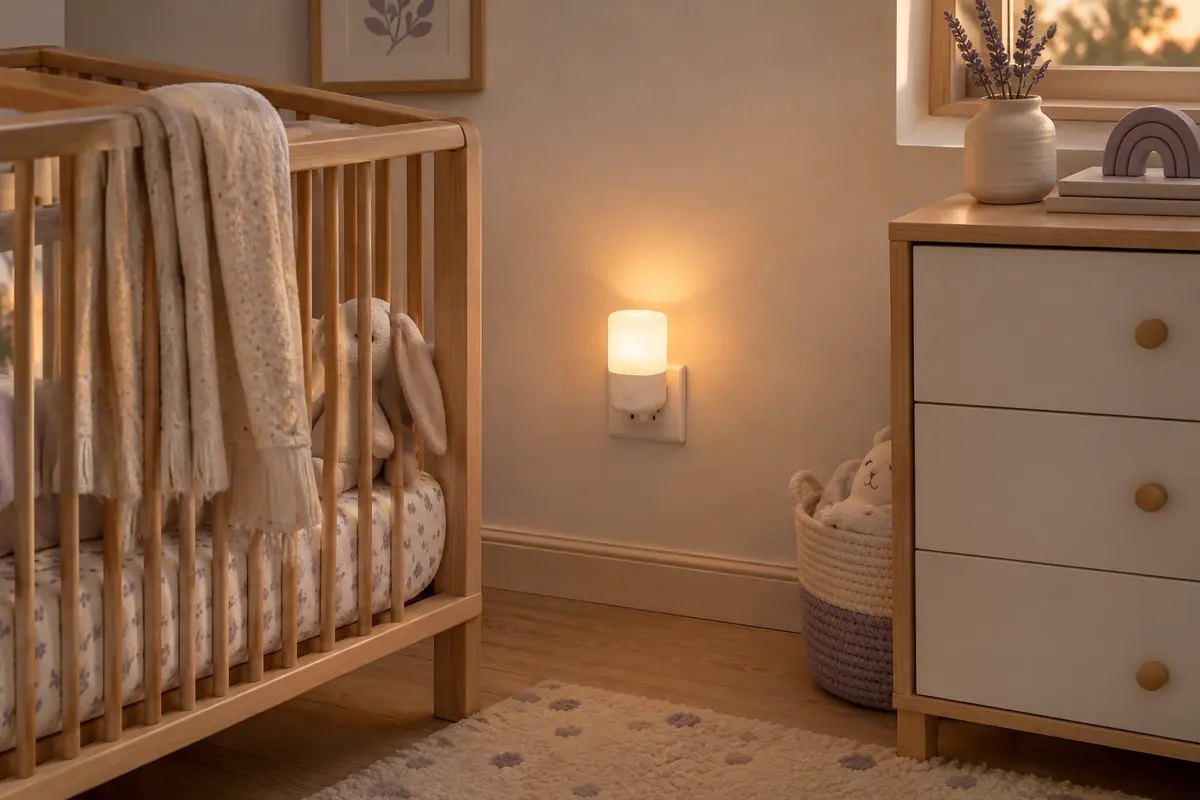 Veilleuse blanche à brancher diffusant une lumière chaude indirecte dans une chambre de bébé