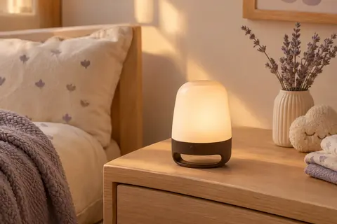 Veilleuse Auxmir brun foncé à commande tactile posée sur une table de chevet en bois clair.