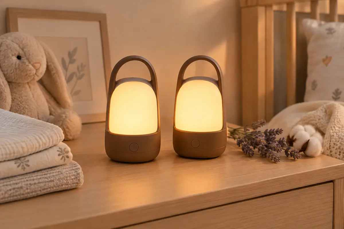 Deux veilleuses LED rechargeables marron posées sur une table de chevet en bois clair.