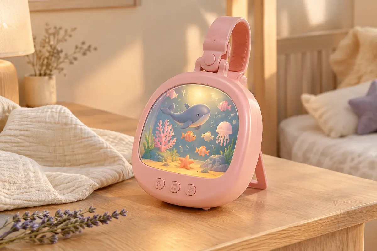 Veilleuse aquarium musicale rose posée sur une table en bois clair dans une chambre de bébé