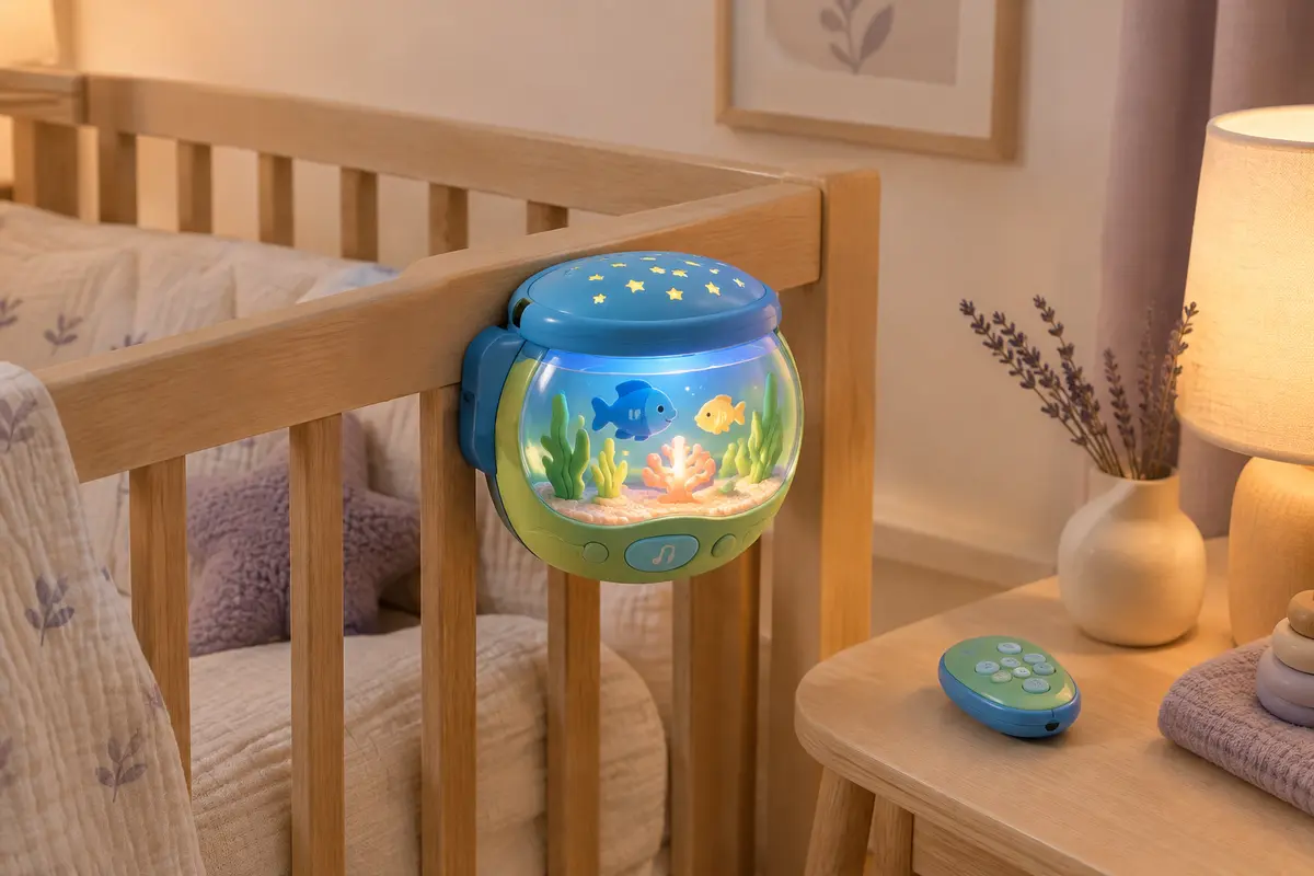 Veilleuse musicale en forme d’aquarium fixée à un lit de bébé dans une chambre aux tons doux.