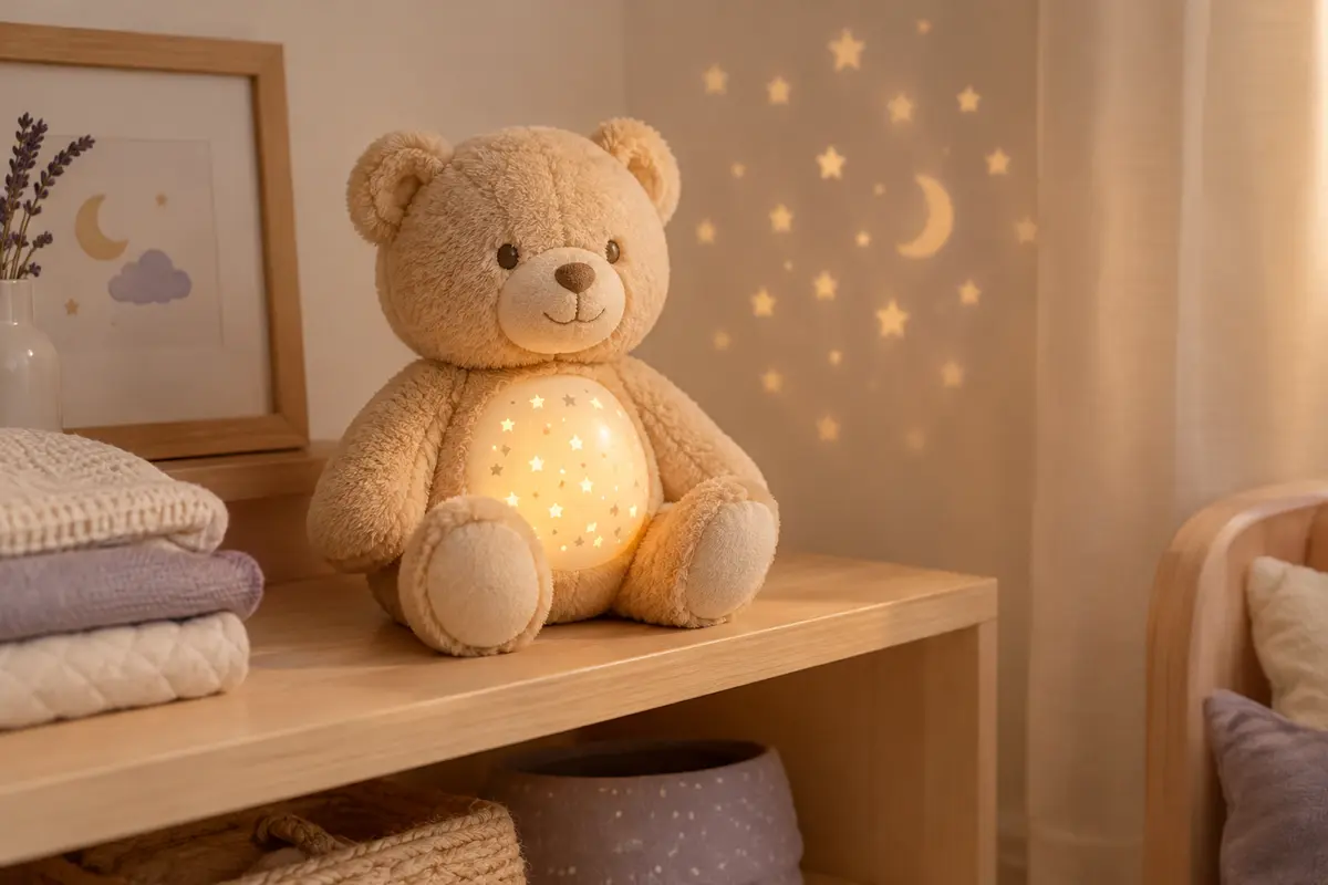 Ours en peluche veilleuse beige posé sur une étagère en bois clair dans une chambre de bébé.