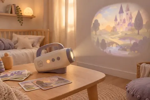 Projecteur conteur avec cartes histoires posé dans une chambre de bébé à la lumière chaude