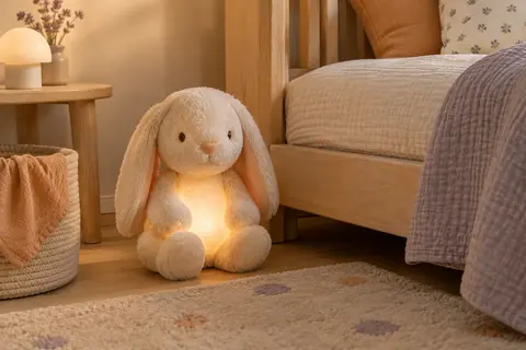Peluche veilleuse en forme de lapin posée près d’un lit en bois clair dans une chambre de bébé aux tons doux.