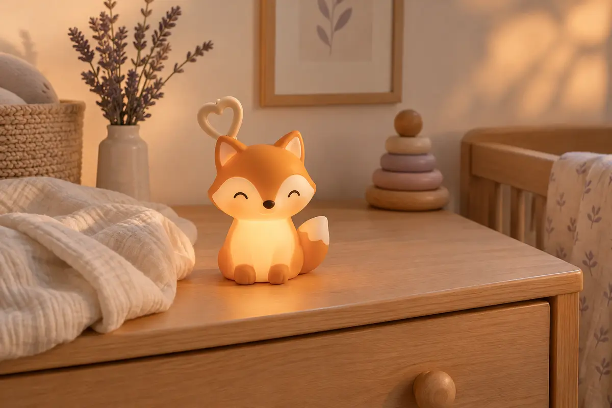 Veilleuse nomade en forme de renard avec lumière ambrée et clip cœur, posée dans une chambre de bébé