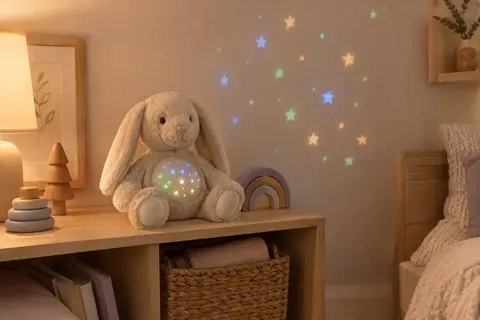 Peluche veilleuse lapin Cloud B projetant des constellations colorées dans une chambre de bébé épurée.