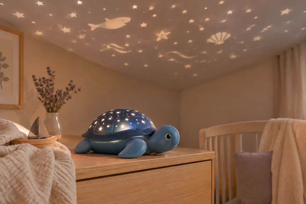 Veilleuse projecteur en forme de tortue bleue posée sur un meuble, avec des constellations au plafond