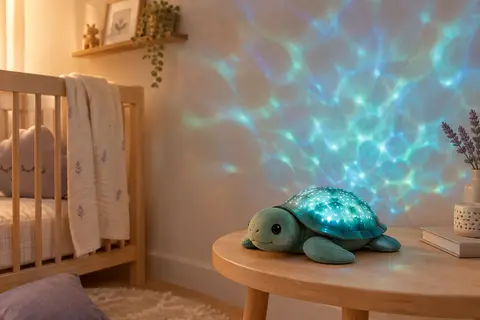 Veilleuse tortue aqua projetant des vagues lumineuses dans une chambre de bébé aux tons doux