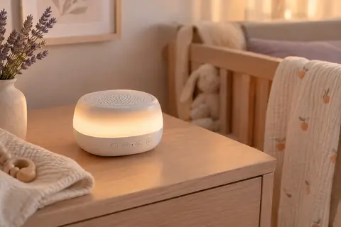 Machine à bruit blanc Dreamegg D11 blanche avec veilleuse allumée sur une table en bois clair
