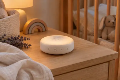 Veilleuse sonore portable blanche posée sur une table en bois clair dans une chambre de bébé lumineuse