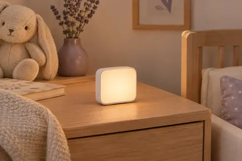 Veilleuse sonore blanche Easy@Home posée sur une table en bois clair dans une chambre de bébé.