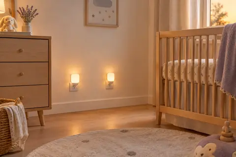 Deux veilleuses blanches en plastique branchées sur des prises, dans une chambre de bébé apaisante.