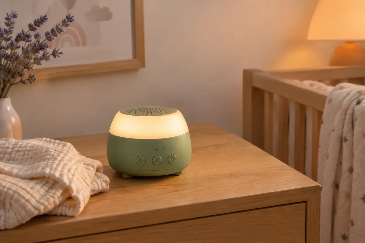 Machine à bruit blanc verte avec veilleuse allumée, posée sur une table en bois clair dans une chambre de bébé.