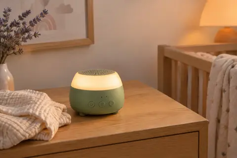 Machine à bruit blanc verte avec veilleuse allumée, posée sur une table en bois clair dans une chambre de bébé.