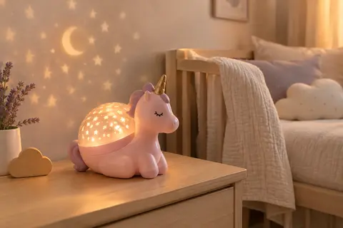 Veilleuse projecteur licorne rose posée sur une table en bois clair dans une chambre de bébé