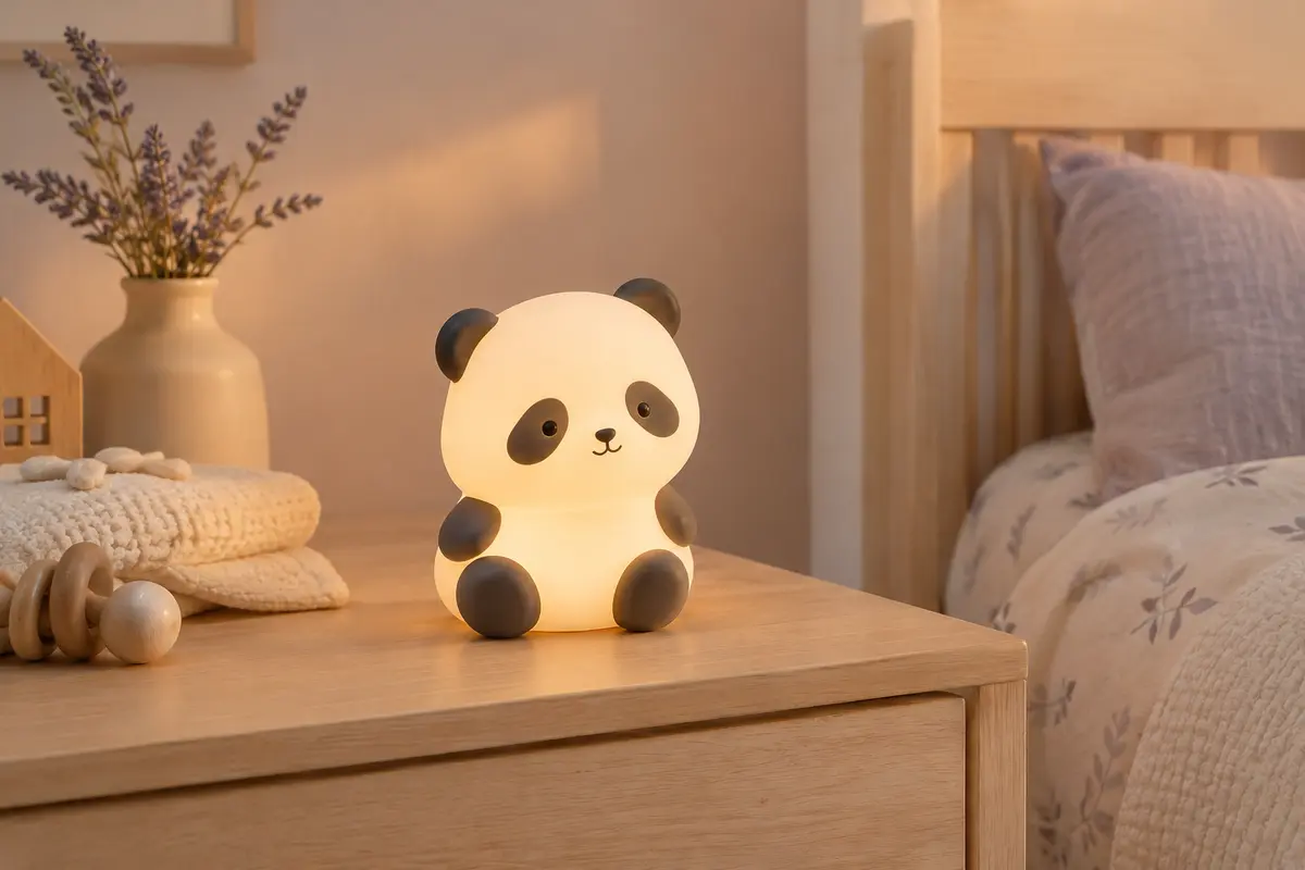 Veilleuse rechargeable en silicone en forme de panda posée sur une table de chevet en bois clair