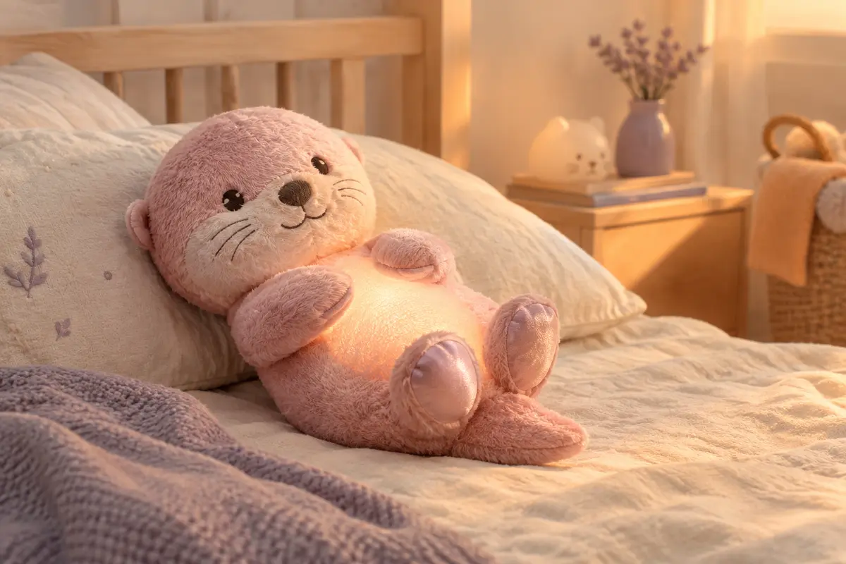 Peluche veilleuse loutre rose aux détails satinés, posée dans une chambre de bébé aux tons doux.