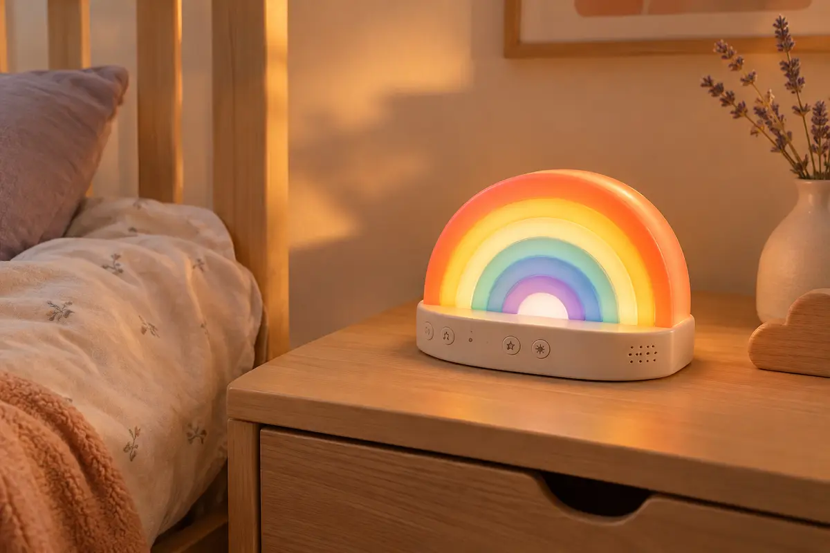 Veilleuse musicale multicolore aux lumières chaudes posée sur une table de chevet en bois clair dans une chambre de bébé.