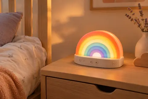 Veilleuse musicale multicolore aux lumières chaudes posée sur une table de chevet en bois clair dans une chambre de bébé.