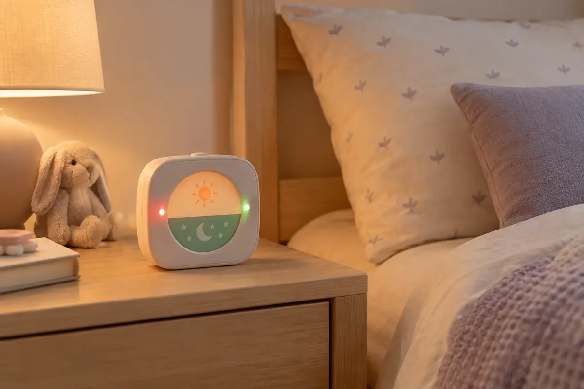 Réveil éducatif FiveHome avec veilleuse, posé sur une table de chevet en bois dans une chambre de bébé.