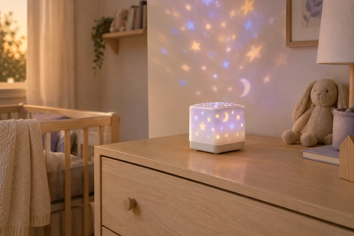 Petit projecteur galaxie blanc posé sur une commode en bois clair dans une chambre de bébé